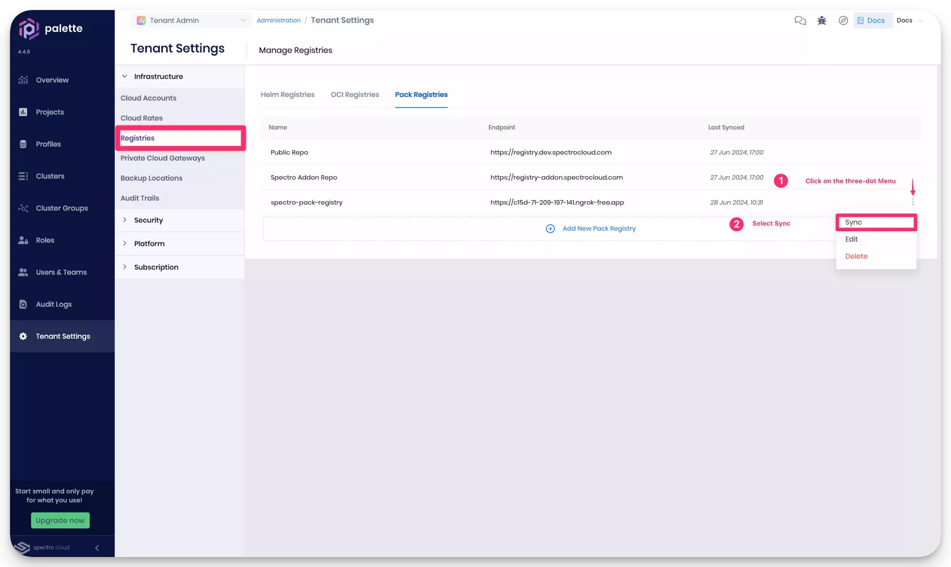 Screenshot of OCI registry sync in Palette