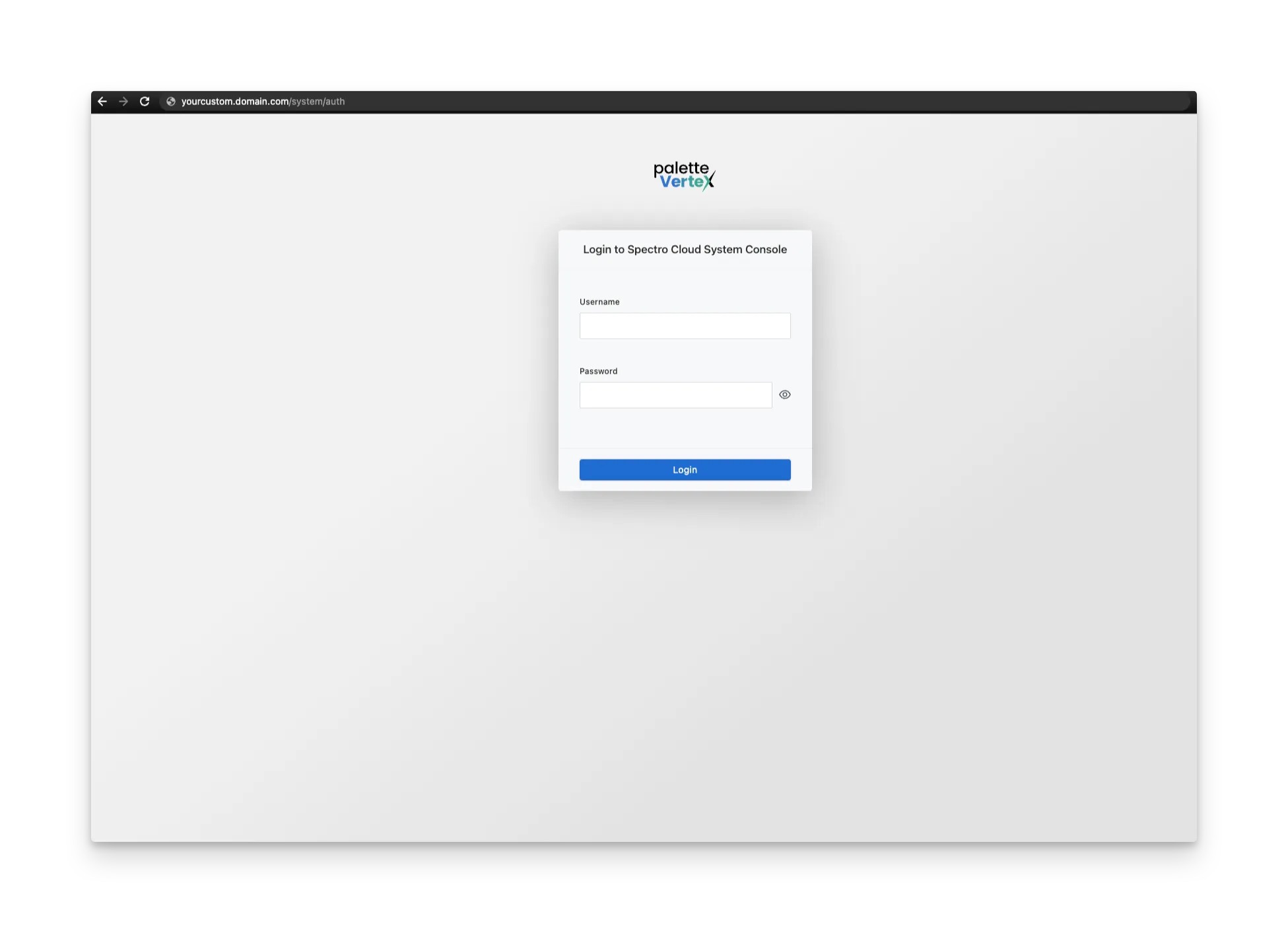 Screenshot of the VerteX system console showing Username and Password fields.